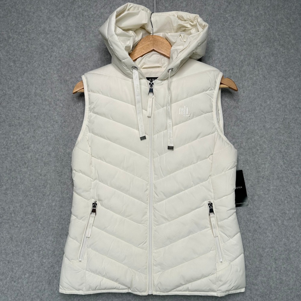 Lauren Ralph Lauren Womens Puffer Vest Cream RL Logo Hooded Zip Front Size S NWT